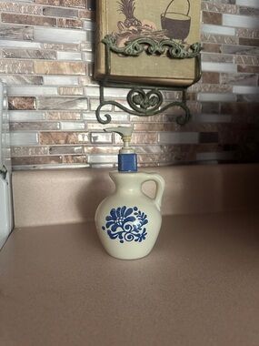 Avon Cream Ceramic Soap Dispenser with Blue Floral Design